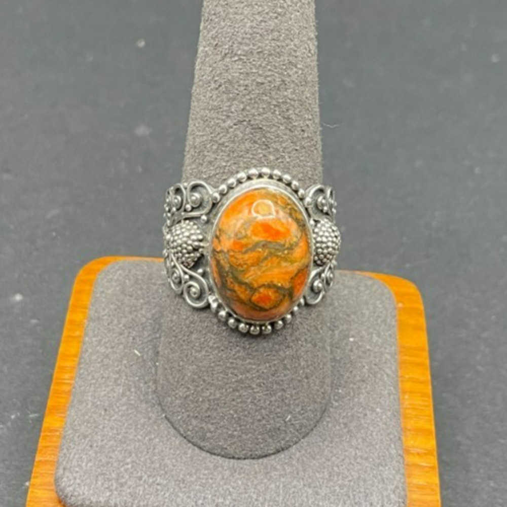 Vintage Sterling Silver 925 Oval Orange Spiny Oyster Boho Ring Size 9.5